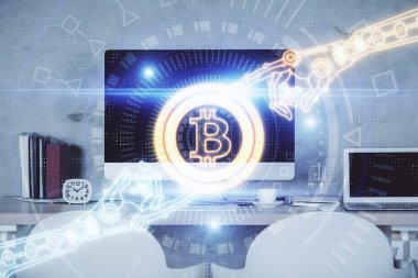 Kripto teknolojisi temalı çizim ve ofis içi arka planına çifte maruz kalma. Engelleme zinciri kavramı.