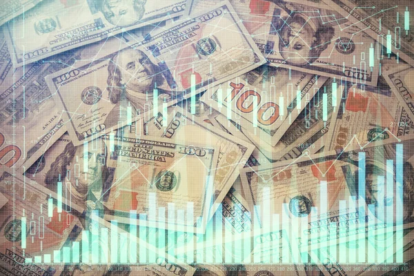 Multi exposure of forex chart drawing over us dollars bill background. Concept of financial success markets. — Stock Photo, Image