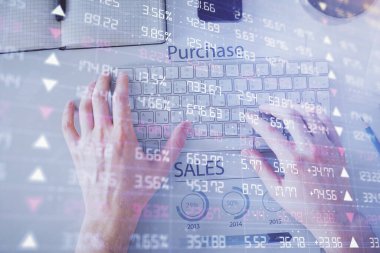 Dizüstü bilgisayar klavyesini ve ön x çizim hologramını yazarken çift pozlama. Üst Manzara. Finans piyasası kavramı.