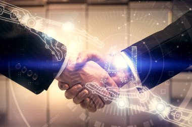 İki kişinin veri temalı hologramı ve el sıkışması. Bilişim endüstrisi konseptinde ortaklık.