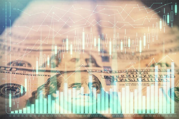 Dubbel exponering av forex diagram rita över oss dollar Bill bakgrund. Begreppet finansiella marknader. — Stockfoto