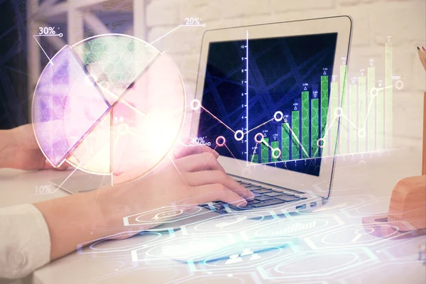 Double exposure of woman hands typing on computer and forex chart hologram drawing. Stock market analysis concept. — Stock Photo, Image