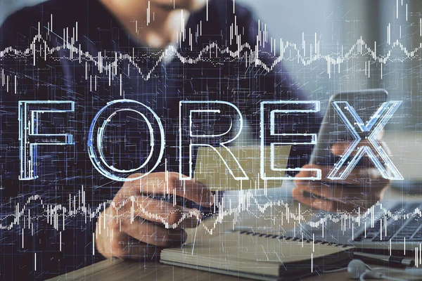 Double exposure of mans hands holding and using a phone and financial graph drawing. Analysis concept. — Stock Photo, Image