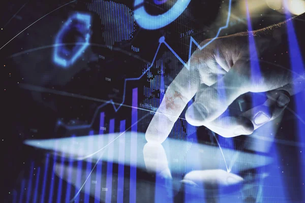 Double exposure of mans hands holding and using a digital device and forex graph drawing. Financial market concept. — Stock Photo, Image