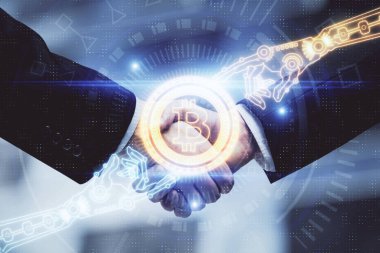 Zincirleme holograma çifte maruz kalma ve iki adamın el sıkışması. Kripto iş konsepti.
