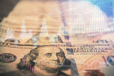 Önx grafiğinin arka plandaki dolarları iki katına çıkarması. Finans piyasası kavramı.