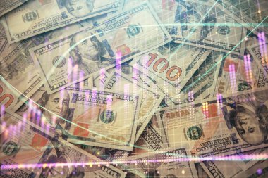 Forx grafiğinin çok sayıda görüntüsü bize dolar banknotları arka planında görünüyor. Finansal başarı piyasası kavramı.