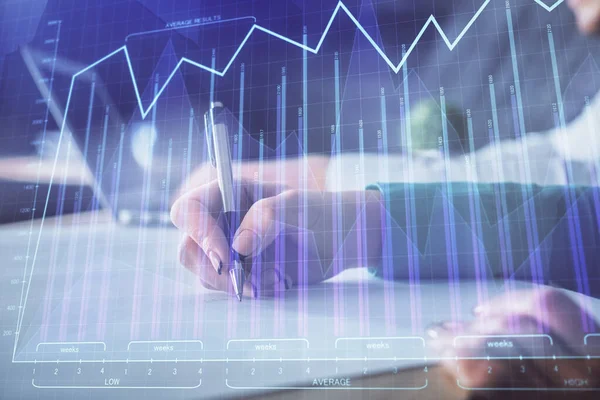 Double exposure of forex chart drawing over people taking notes background. Concept of financial analysis — Stock Photo, Image