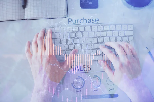 Double exposure of mans hands typing over laptop keyboard and forex chart hologram drawing. Top view. Financial markets concept. — Stock Photo, Image
