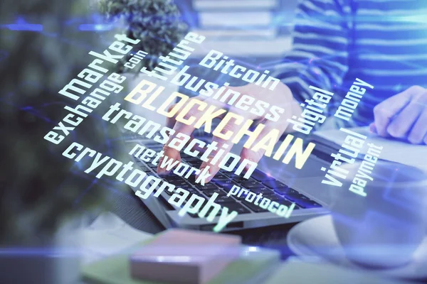 Double exposure of woman hands typing on computer and crypto market theme hologram drawing. Blockchain concept. — Stock Photo, Image