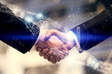 İki kişinin veri temalı hologramı ve el sıkışması. Bilişim endüstrisi konseptinde ortaklık.