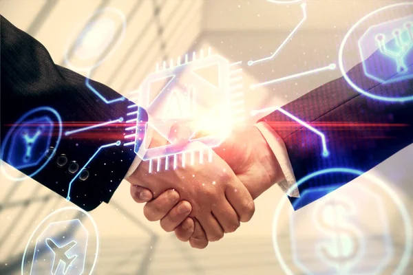 Doppelbelichtung des Datenthemas Hologramm und Handschlag zweier Männer. Partnerschaft im IT-Branchenkonzept. — Stockfoto