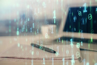 Veri temalı çizimlerin çoklu pozlanması ve açık defter arkaplanı olan masa. Eğitim kavramı