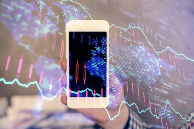 Erkeklerin el ele tutuşup dijital bir cihaz ve ön grafik çizimi kullanırken çift pozlama. Finansal piyasa kavramı.