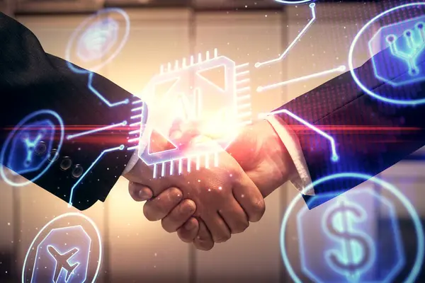 Dubbel exponering av data tema hologram och handslag av två män. Partnerskap inom IT-industrin. — Stockfoto