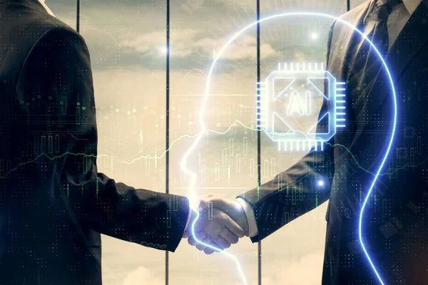 Doble exposición de holograma cerebral y apretón de manos de dos hombres. Asociación en el concepto de industria de TI. — Foto de Stock