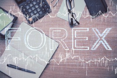 Ön x grafik çizimi ve çalışma masası üst veiw çift pozlama. Mali analiz kavramı.