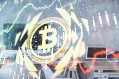 Kripto teknolojisi temalı çizim ve ofis içi arka planına çifte maruz kalma. Engelleme zinciri kavramı.