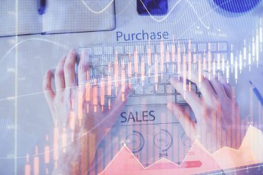 Dizüstü bilgisayar klavyesini ve ön x çizim hologramını yazarken çift pozlama. Üst Manzara. Finans piyasası kavramı.