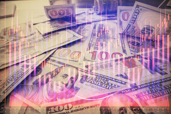 Multi exposure of forex chart drawing over us dollars bill background. Concept of financial success markets. — Stock Photo, Image