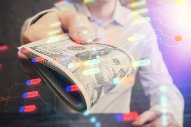 Teknolojinin iki katına çıkması hologram, dolar banknotları ve insan eli. Veri kavramı