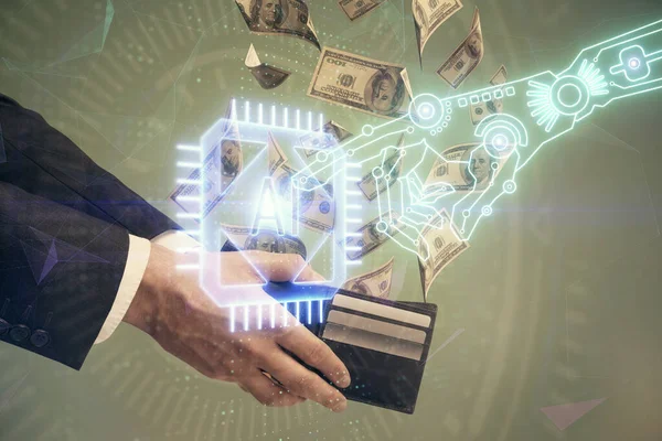 Multi exposición de la tecnología de dibujo holograma y nosotros billetes de dólares y manos de hombre. Concepto de datos — Foto de Stock