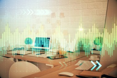 Hisse senedi borsası çizimine ve ofis iç planına çok maruz kalmış. Mali analiz kavramı.