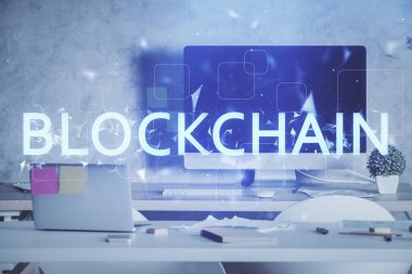 Kripto teknolojisi temalı çizim ve ofis içi arka planına çifte maruz kalma. Engelleme zinciri kavramı.