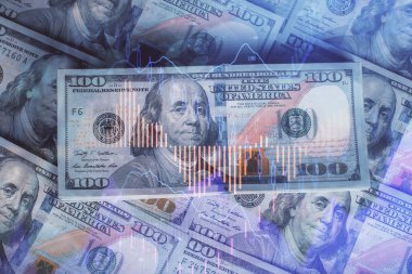 Forx grafiğinin çok sayıda görüntüsü bize dolar banknotları arka planında görünüyor. Finansal başarı piyasası kavramı.