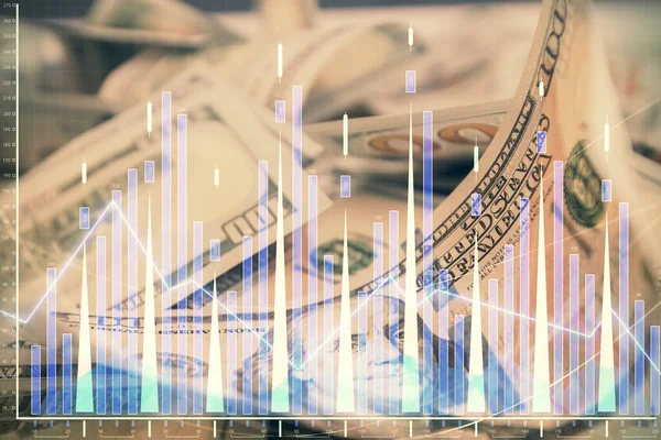 Dvojité vystavení forex grafu kreslení nad námi dolary pozadí účtu. Koncepce finančních trhů. — Stock fotografie