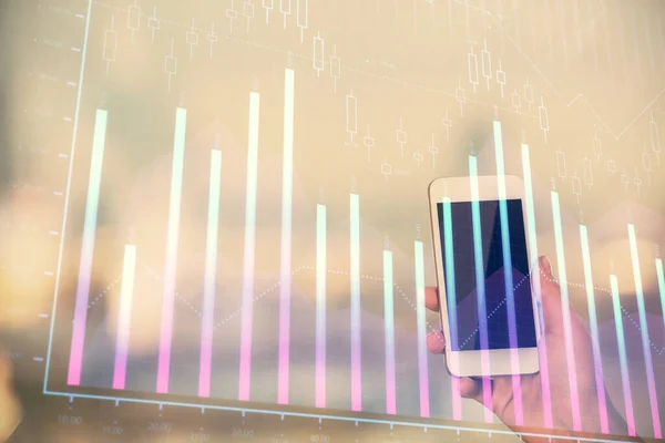 Double exposure of forex chart sketch hologram and woman holding and using a mobile device. Stock market concept. — Stock Photo, Image