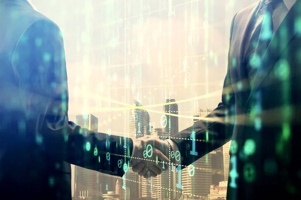 Double exposure of data theme hologram and handshake of two men. Partnership in IT industry concept. — Stock Photo, Image