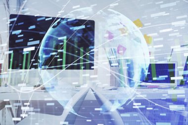 İş teması çizimi ve ofis içi arka planına çifte maruz kalma. Başarı kavramı