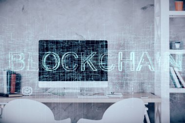 Kripto teknolojisi temalı çizim ve ofis içi arka planına çifte maruz kalma. Engelleme zinciri kavramı.