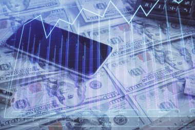 Önx grafiğinin arka plandaki dolarları iki katına çıkarması. Finans piyasası kavramı.