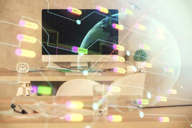 Dünya haritası çizimine ve ofis iç planına çoklu pozlama. Uluslararası ağ kavramı.