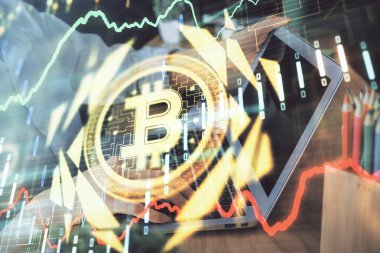 Bilgisayarda ve kripto piyasa temalı hologram çizimlerinde kadın elinin çifte pozu. Engelleme zinciri kavramı.