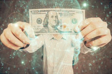 Beynin holograma maruz kalması, bize dolar banknotları ve insan eli çizmesi. Ai yatırım konsepti