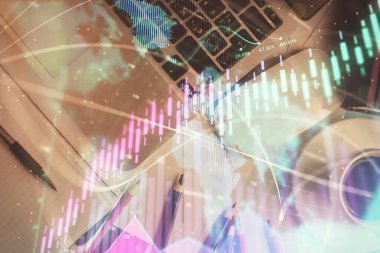 Bilgisayarla arka plan üzerine iki kat mali şema çizimi. Araştırma ve analiz kavramı. Üst görünüm.