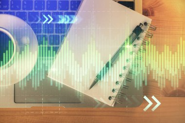 Forx grafik çizimi ve çalışma masası üst veiw çoklu pozlama. Mali analiz kavramı.