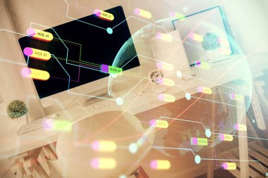 Dünya haritası çizimine ve ofis iç planına çoklu pozlama. Uluslararası ağ kavramı.