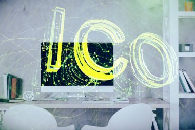 Kripto teknolojisi temalı çizim ve ofis içi arka planına çifte maruz kalma. Engelleme zinciri kavramı.