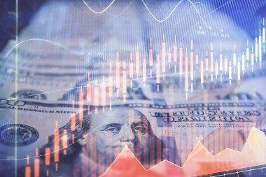 Önx grafiğinin arka plandaki dolarları iki katına çıkarması. Finans piyasası kavramı.