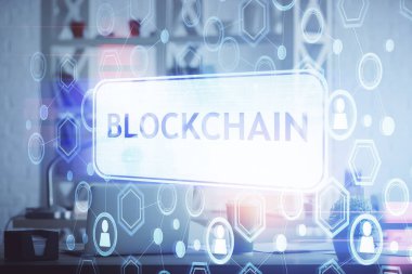 Kripto teknolojisi temalı çizim ve ofis içi arka planına çifte maruz kalma. Engelleme zinciri kavramı.