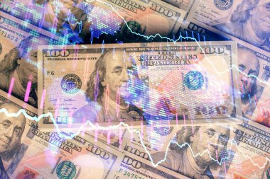 Forx grafiğinin çok sayıda görüntüsü bize dolar banknotları arka planında görünüyor. Finansal başarı piyasası kavramı.
