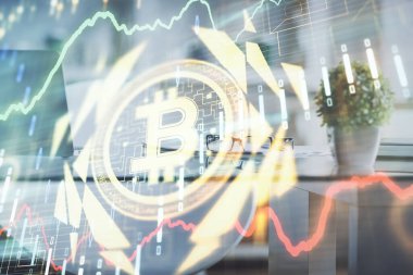 Kripto teknolojisi temalı çizim ve ofis içi arka planına çifte maruz kalma. Engelleme zinciri kavramı.