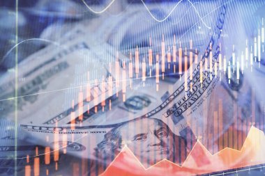 Önx grafiğinin arka plandaki dolarları iki katına çıkarması. Finans piyasası kavramı.