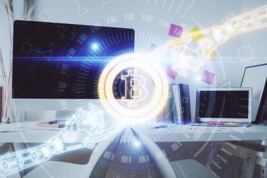 Kripto teknolojisi temalı çizim ve ofis içi arka planına çifte maruz kalma. Engelleme zinciri kavramı.
