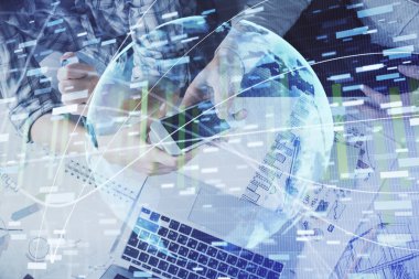 Çift taraflı iş teması çizimi ve birlikte çalışan kadın ve erkek mobil bir cihaz kullanıyor..