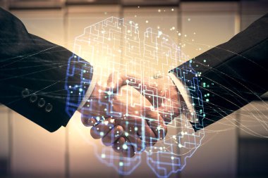 Beyin hologramının iki katına çıkması ve iki adamın el sıkışması. Bilişim endüstrisi konseptinde ortaklık.